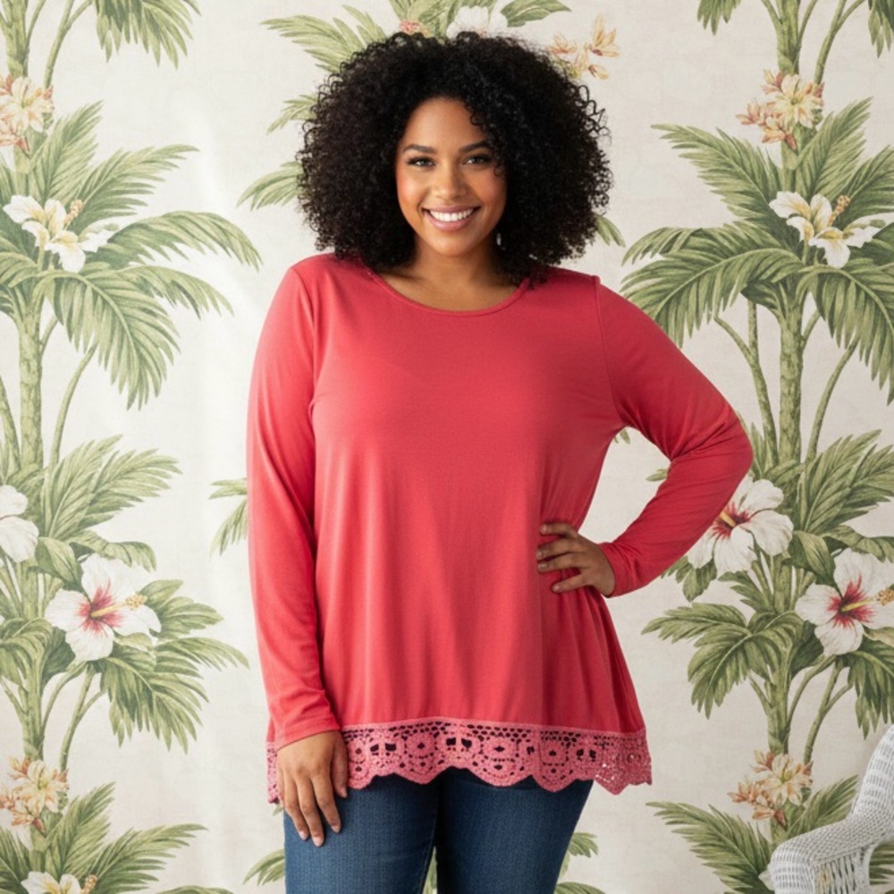 Hot Pink Long Sleeve Top with Lace Hem 🌺